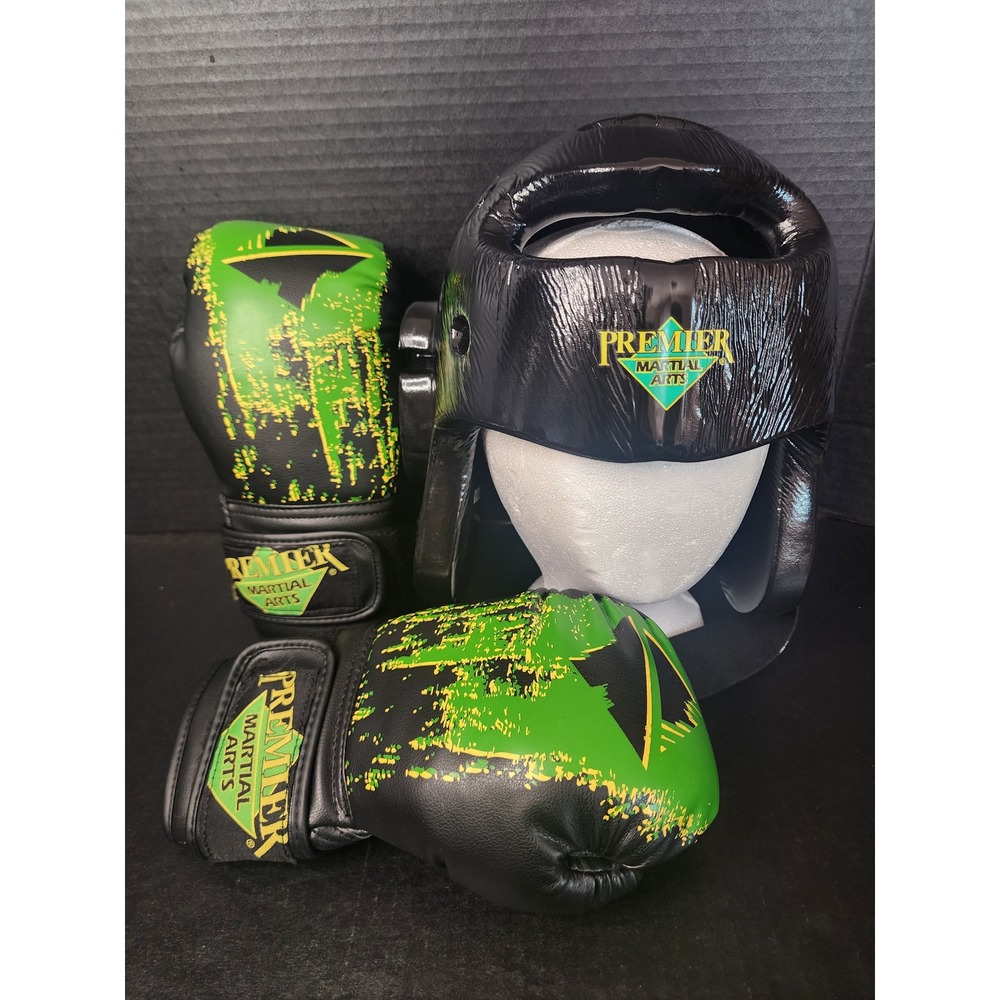 Premier Martial Arts Century Sparring Set 8oz Gloves Small Headgear Black Green